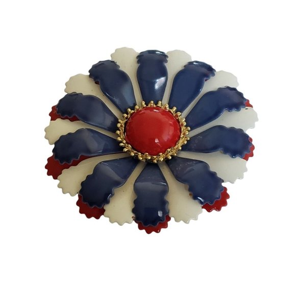 Vintage Red White Blue Enamel Flower Brooch Pin Daisy Patriotic Layered - Picture 5 of 12